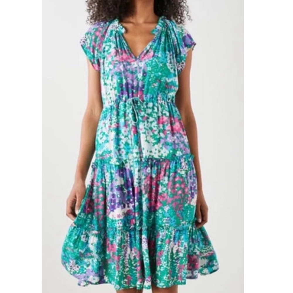 Rails Juni Gardenia Floral Tiered Midi Dress Green Pink Purple Small